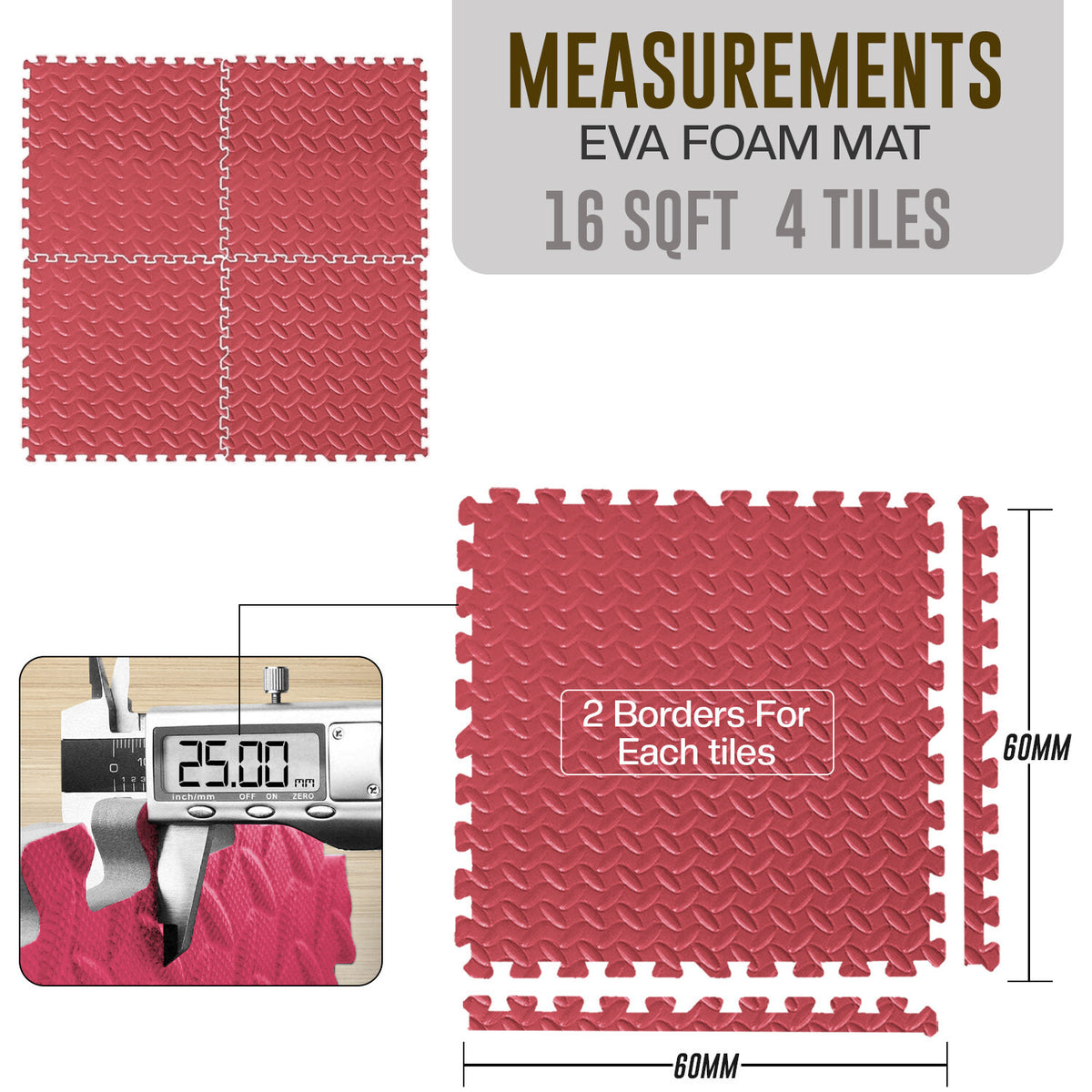 EVA Interlocking Soft Foam Gym Flooring Mats - Yoga Tiles, 25mm, 60x60cm