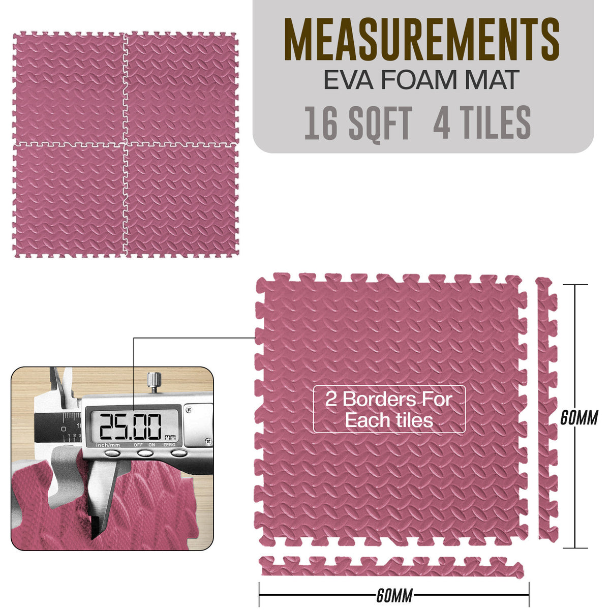 EVA Interlocking Soft Foam Gym Flooring Mats - Yoga Tiles, 25mm, 60x60cm