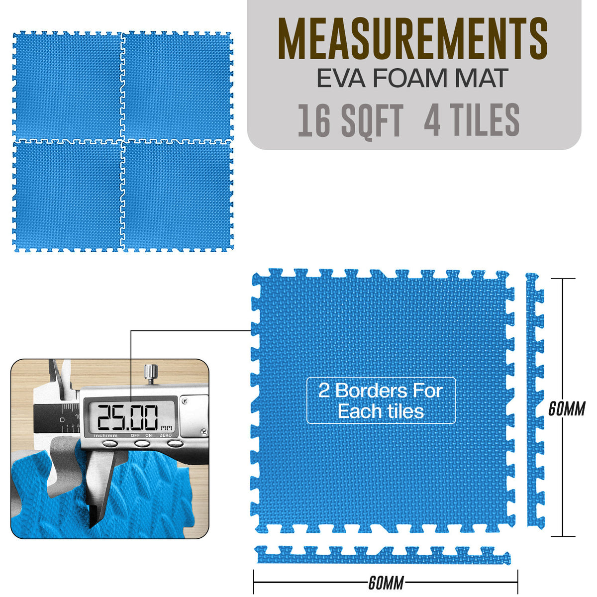 EVA Interlocking Soft Foam Gym Flooring Mats - Yoga Tiles, 25mm, 60x60cm